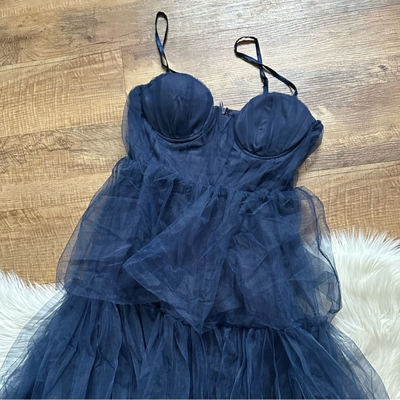 LULU’S Unforgettable Poise Navy Blue Tulle Bustier Tiered Maxi Dress - Picture 7 of 7